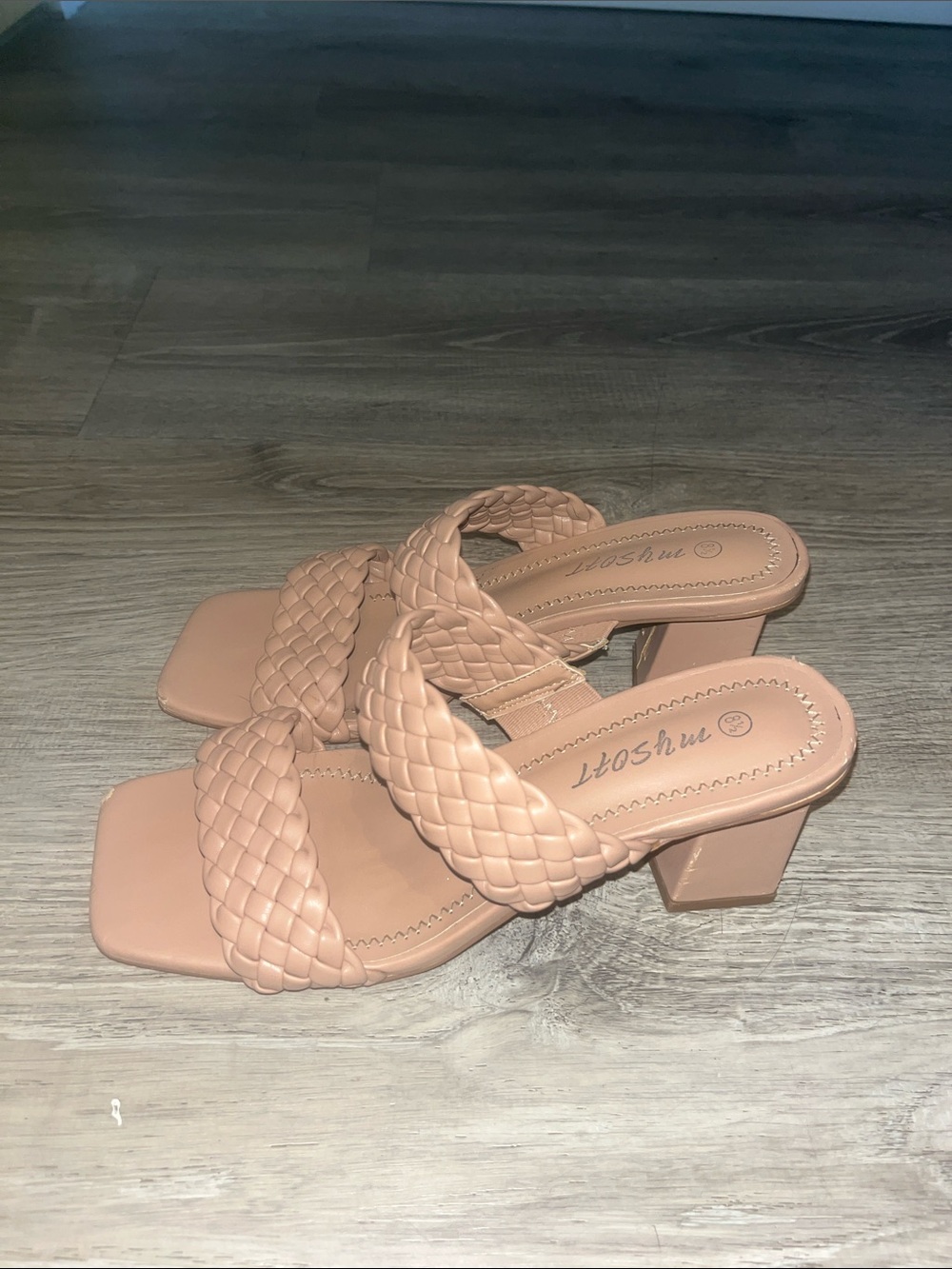Braided Double-Strap Slide Heels in Nude